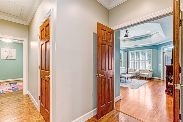 foyer featuring ceiling fan, light hardwood / wood-style floors, crown molding, and a tray ceiling