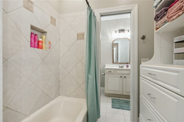 bathroom featuring tile patterned floors, vanity, and shower / tub combo