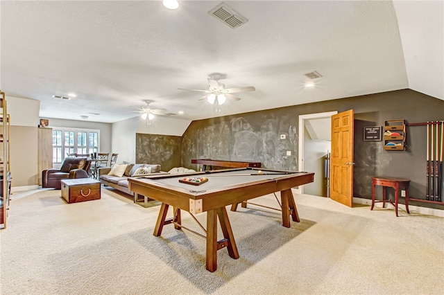 recreation room with carpet flooring, lofted ceiling, and billiards