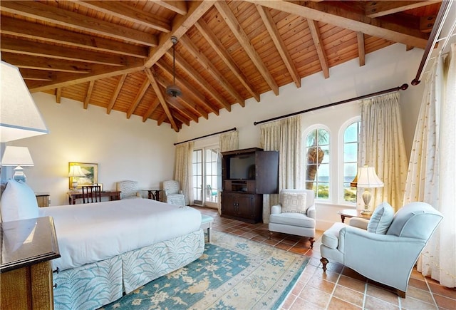 bedroom with tile patterned flooring, lofted ceiling with beams, and wood ceiling