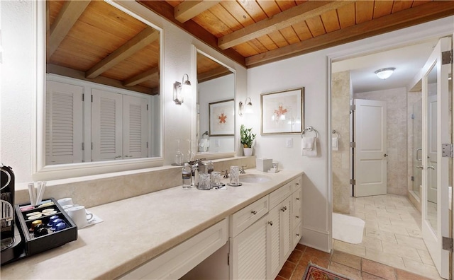 bathroom featuring beam ceiling, vanity, and wooden ceiling