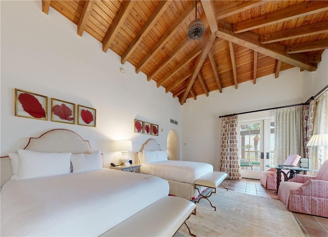 tiled bedroom featuring access to exterior, beam ceiling, high vaulted ceiling, and wooden ceiling