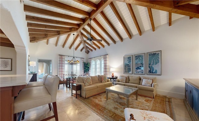 living room featuring beamed ceiling, high vaulted ceiling, and ceiling fan with notable chandelier