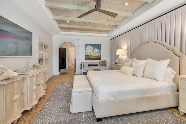 bedroom with beam ceiling, dark hardwood / wood-style flooring, and wooden ceiling