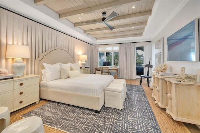 bedroom with beam ceiling, ceiling fan, wood-type flooring, wood ceiling, and ornamental molding