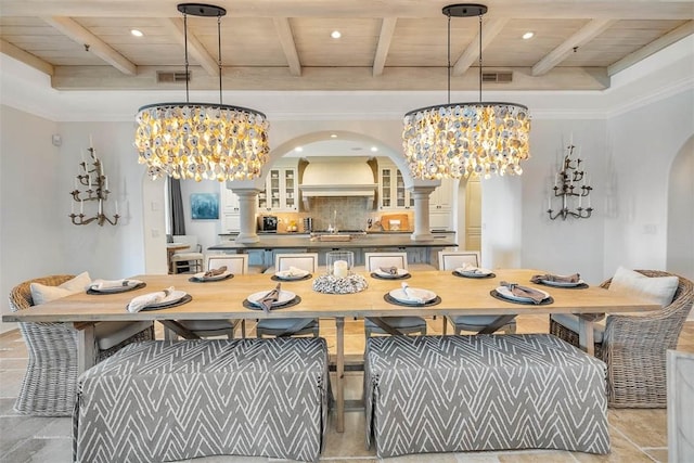 dining room with beamed ceiling, wooden ceiling, and a notable chandelier