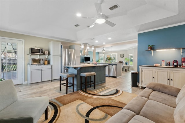 15 Merganser Way, Woodbine, GA 31569 - living area featuring a raised ceiling, light wood-style flooring, crown molding, and visible vents