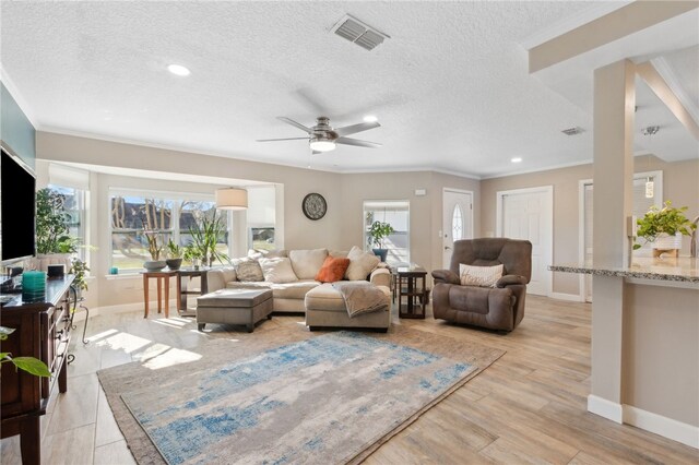 15 Merganser Way, Woodbine, GA 31569 - living area with visible vents, light wood-style flooring, a textured ceiling, and ornamental molding
