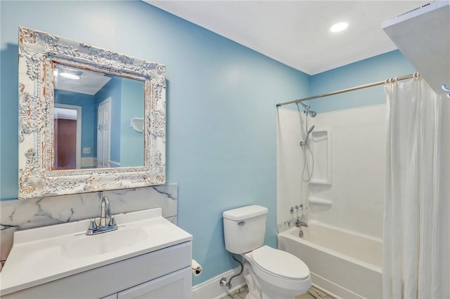 full bathroom featuring vanity, shower / bath combination with curtain, toilet, and baseboards