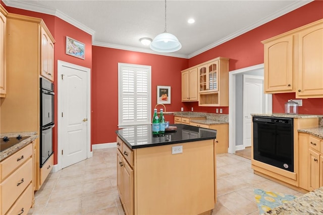 142 Montrose, Saint Simons Island, GA 31522 - kitchen featuring dishwasher, double wall oven, ornamental molding, light tile patterned flooring, and a center island