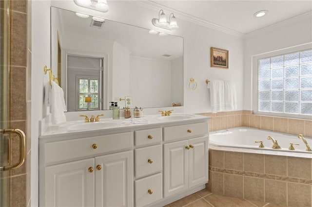142 Montrose, Saint Simons Island, GA 31522 - full bath with double vanity, a garden tub, crown molding, tile patterned flooring, and a shower stall