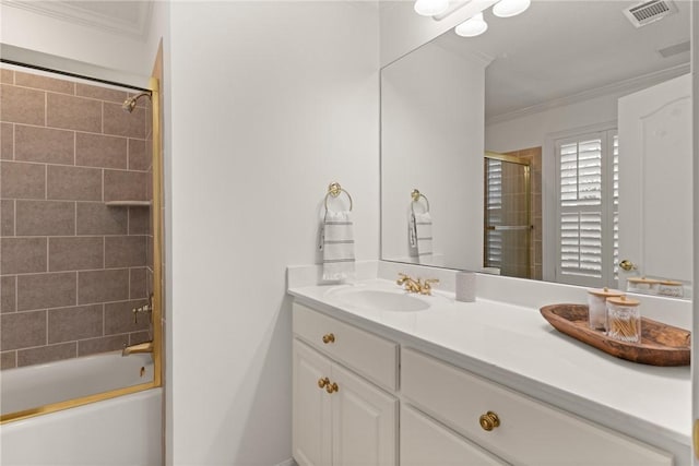 142 Montrose, Saint Simons Island, GA 31522 - full bathroom featuring vanity, crown molding, and shower / bath combination with glass door