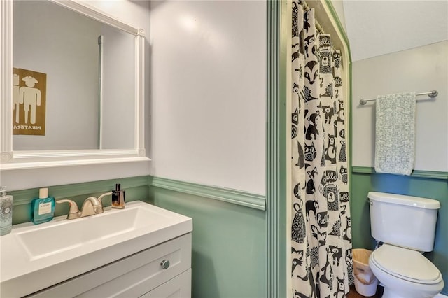 bathroom featuring vanity, a shower with shower curtain, and toilet