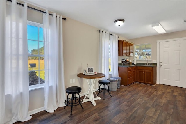 kitchen with brown cabinetry, baseboards, dark wood-style flooring, a sink, and dark countertops