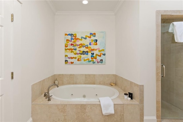 800 Ocean Blvd Unit 205, Saint Simons Island, GA 31522 - bathroom featuring shower with separate bathtub and ornamental molding