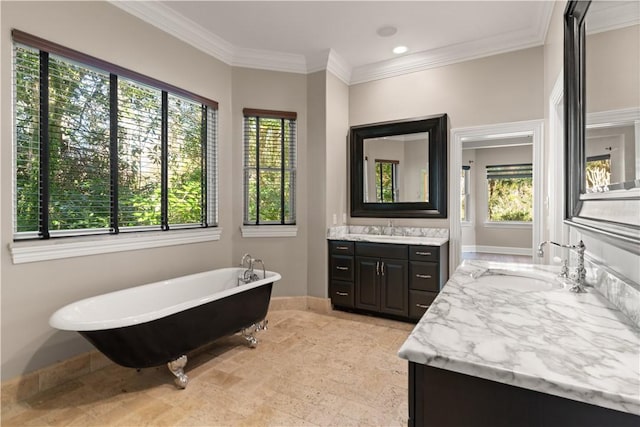 bathroom featuring crown molding, vanity, plenty of natural light, and a washtub