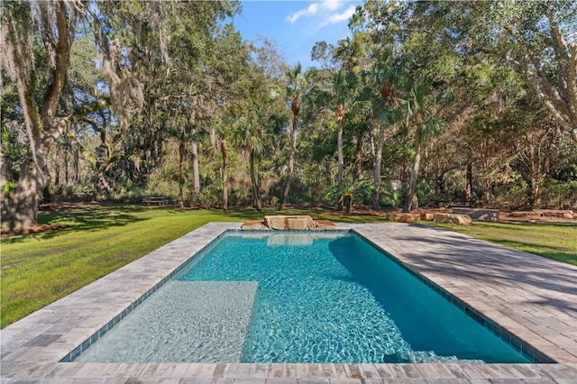 view of pool with a patio area and a yard