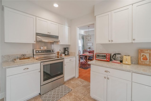 kitchen featuring stainless steel electric range oven, a toaster, recessed lighting, under cabinet range hood, and white cabinetry