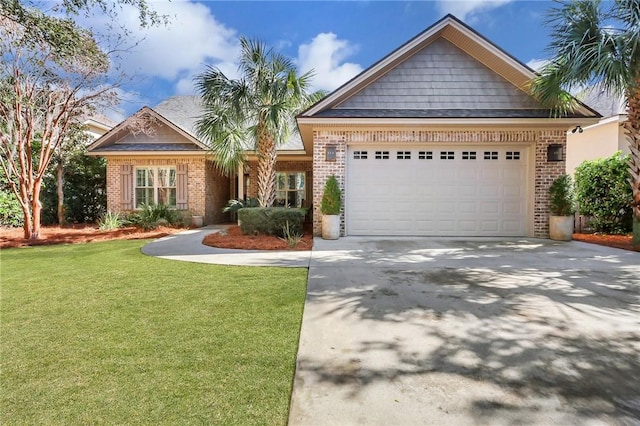 view of front facade featuring a garage, concrete driveway, brick siding, and a front lawn