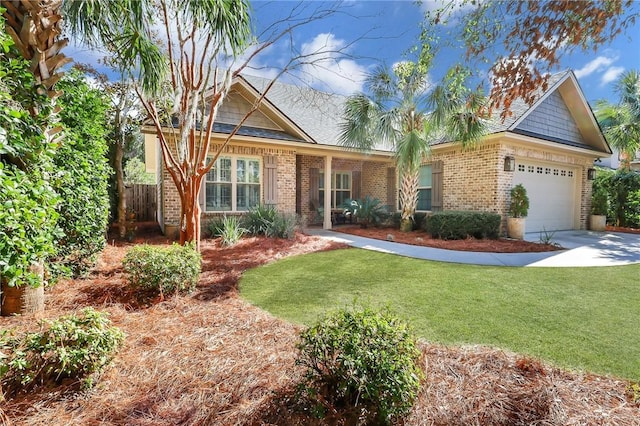 view of front of property featuring a garage, concrete driveway, brick siding, and a front lawn