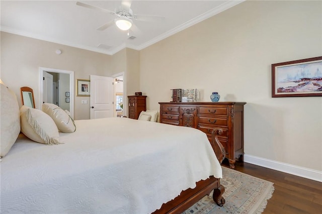 bedroom featuring dark wood-style flooring, crown molding, baseboards, and ceiling fan