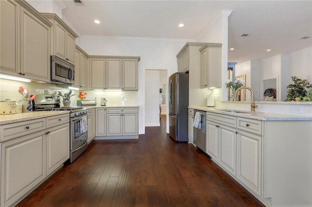 kitchen featuring light stone counters, dark wood-style flooring, backsplash, appliances with stainless steel finishes, and a sink