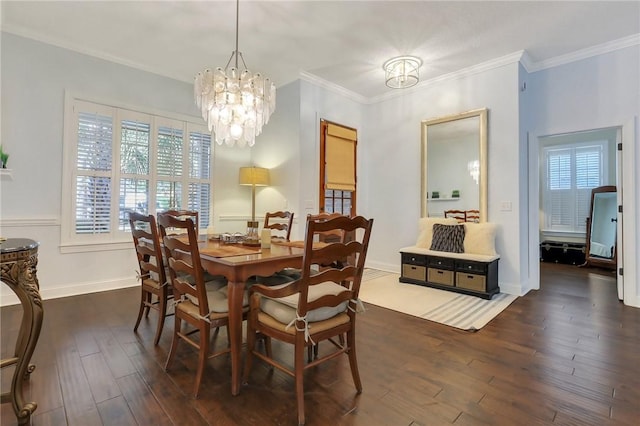 dining room featuring ornamental molding, dark wood-style flooring, a wealth of natural light, and an inviting chandelier