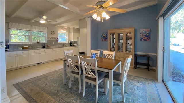 3 Porter Ln, Jekyll Island, GA 31527 - dining space featuring a ceiling fan and beamed ceiling