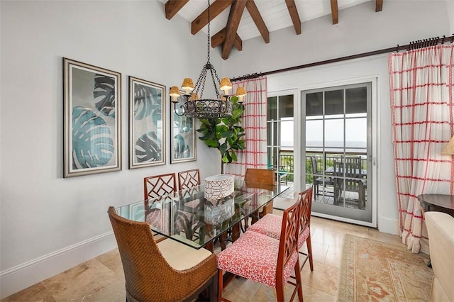 dining space featuring vaulted ceiling with beams and a notable chandelier