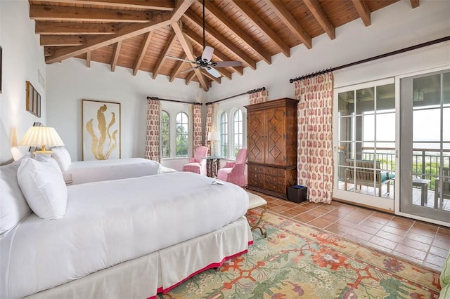 bedroom with access to outside, ceiling fan, light tile patterned flooring, and wooden ceiling