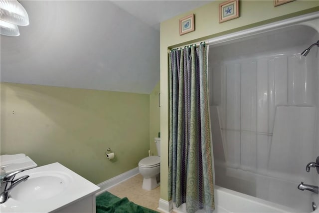 103 Bellrain Ln, Saint Simons Island, GA 31522 - full bathroom with shower / bathtub combination with curtain, tile patterned floors, vanity, and vaulted ceiling