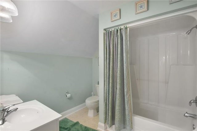 103 Bellrain Ln, Saint Simons Island, GA 31522 - bathroom with shower / bath combo with shower curtain, tile patterned floors, vanity, and vaulted ceiling