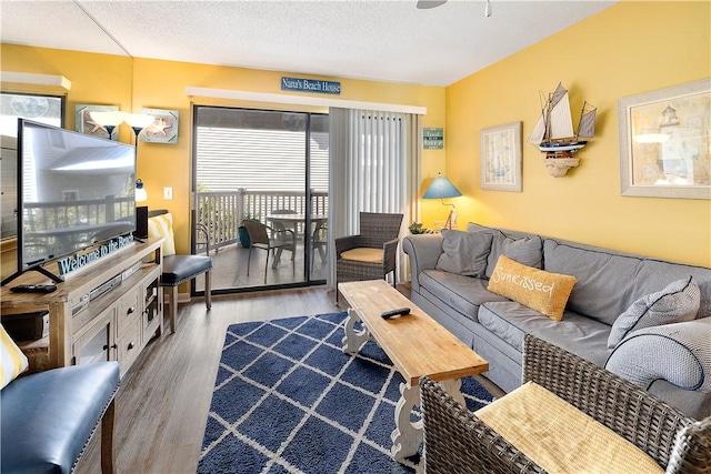 living room featuring a textured ceiling and hardwood / wood-style flooring