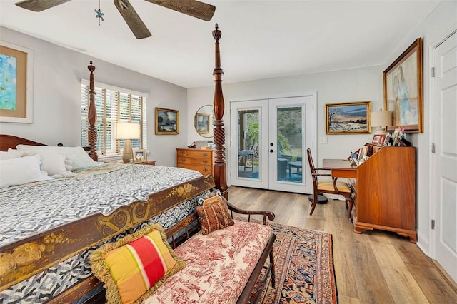 bedroom featuring access to exterior, ceiling fan, hardwood / wood-style floors, and french doors