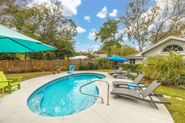 view of pool with a fenced in pool, a patio area, and a fenced backyard