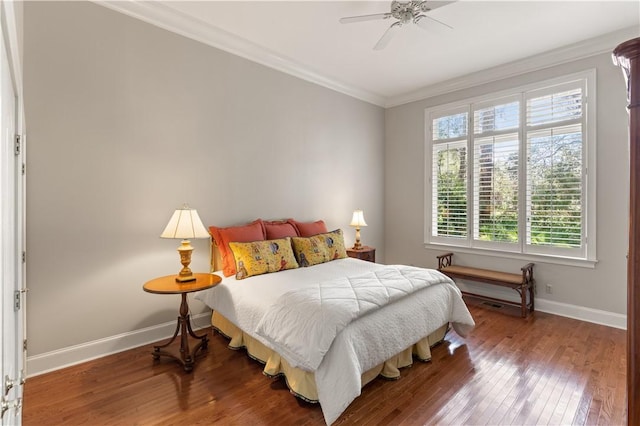 316 Forest Oaks, Saint Simons Island, GA 31522 - bedroom featuring ornamental molding, baseboards, ceiling fan, and hardwood / wood-style floors