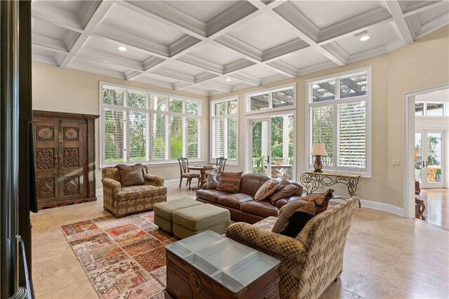 316 Forest Oaks, Saint Simons Island, GA 31522 - sunroom / solarium with french doors, beamed ceiling, coffered ceiling, and a wealth of natural light