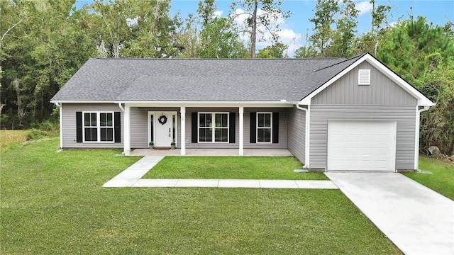 ranch-style home featuring a porch, a garage, and a front lawn