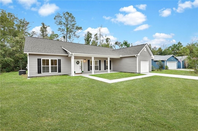 ranch-style home with central AC, a front lawn, covered porch, and a garage