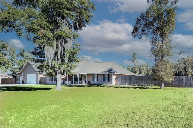 ranch-style house with a garage and a front yard