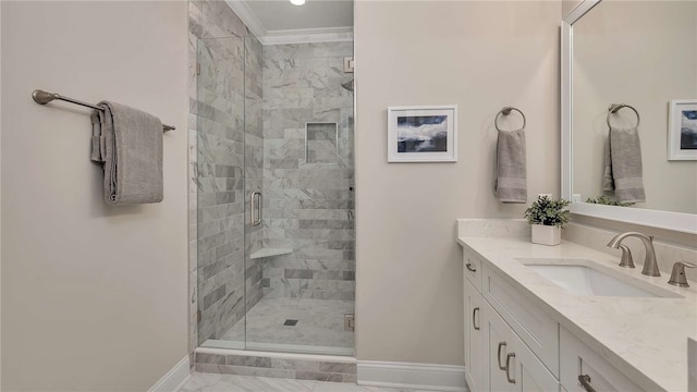 bathroom featuring vanity, crown molding, and walk in shower