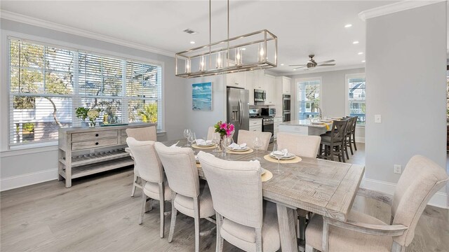 dining space with ceiling fan, light hardwood / wood-style floors, and crown molding