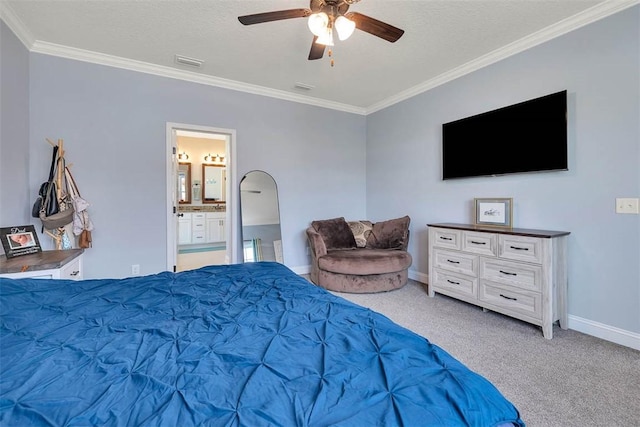 69 Allie Loop, Brunswick, GA 31525 - bedroom featuring ornamental molding, light carpet, connected bathroom, ceiling fan, and a textured ceiling