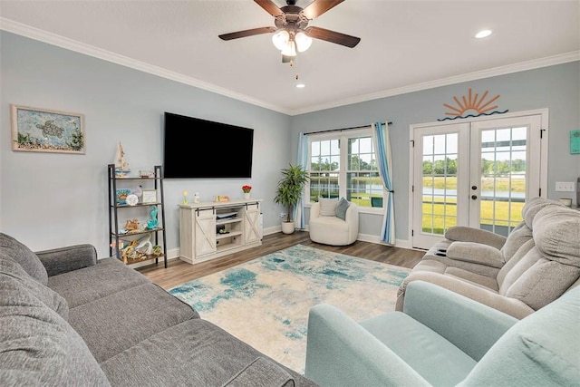 69 Allie Loop, Brunswick, GA 31525 - living room with french doors, crown molding, ceiling fan, recessed lighting, and wood finished floors
