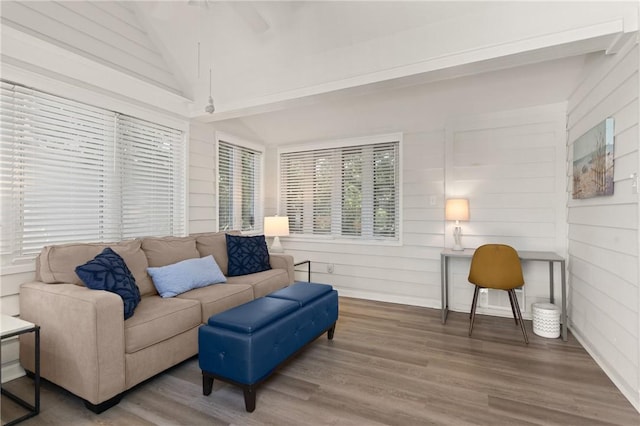 living room featuring ceiling fan, vaulted ceiling, and wood finished floors