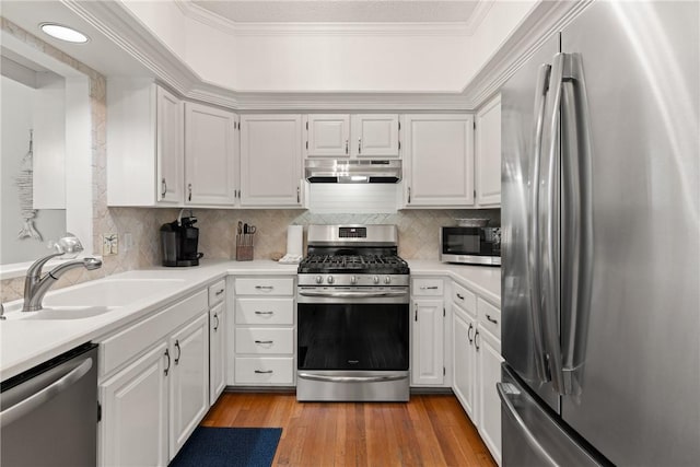kitchen featuring a sink, appliances with stainless steel finishes, under cabinet range hood, and light countertops