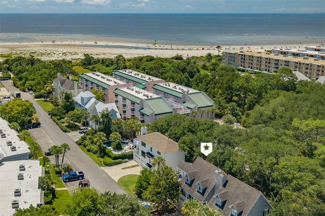 aerial view featuring a water view and a view of the beach