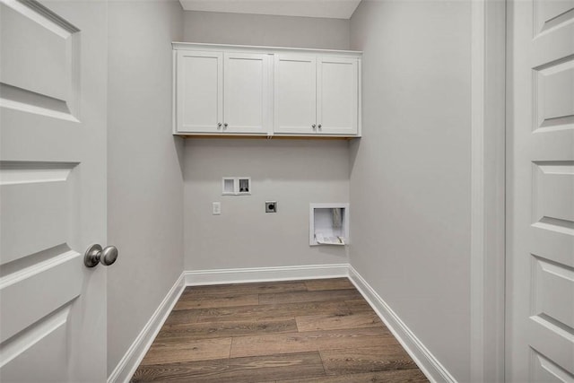 laundry room featuring hookup for an electric dryer, hookup for a washing machine, dark hardwood / wood-style flooring, and cabinets