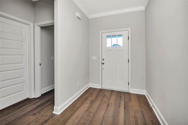 entryway with crown molding and dark wood-type flooring