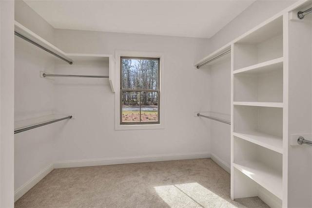 walk in closet featuring light carpet